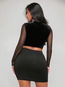 SHEIN SXY Contrast Mesh Sequin Crop Tee - Royal Blue - View 2