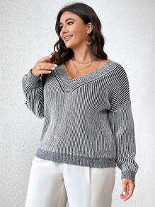 SHEIN Unity Áo len chui đầu dáng rộng cổ chữ V tay dài họa tiết sọc đen trắng cỡ lớn dành cho nữ, mùa thu/đông - Đen và trắng - Xem 4