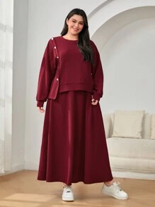 Mulvari Burgundy Red Plus Drop Shoulder Button Detail Sweatshirt & Skirt