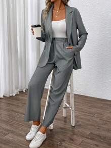 Chiquease Lapel Neck Single Button Blazer & Suit Pants - Dark Grey - View 6