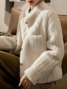 Wool Solid Button Front Fuzzy Coat - White - View 5