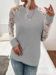 EMERY ROSE Áo tay áo Raglan có ren tương phản - Xám - Xem 5