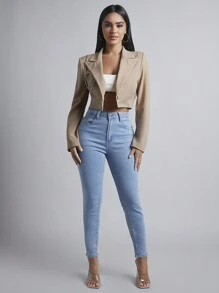SHEIN PETITE Lapel Neck Crop Blazer In Fall/Winter - Khaki - View 1