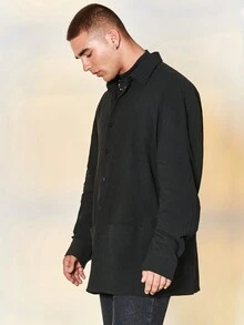 Manfinity EMRG 男士寬鬆純色鈕扣前襯衫 - 黑色 - 查看 3