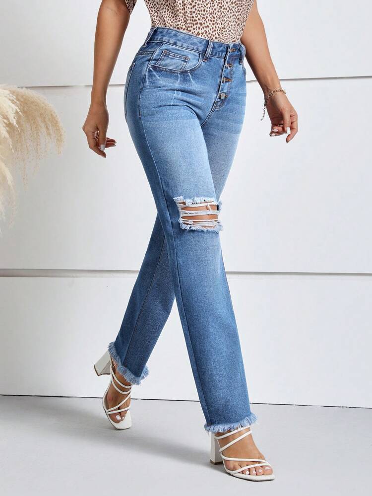 Button Fly Ripped Raw Hem Straight Leg Jeans