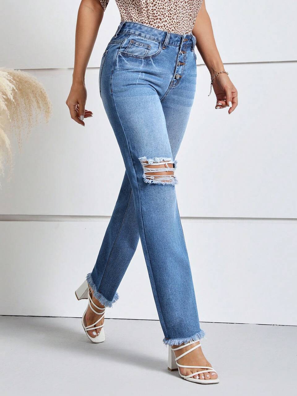 Button Fly Ripped Raw Hem Straight Leg Jeans
