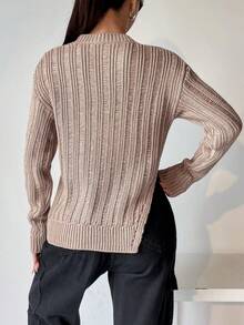 SHEIN Unity 纯色破洞开衩下摆针织套头衫，适合秋冬季穿着 - 棕色 - 查看 2