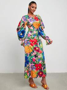 BELANGE HANDMADE Floral Print Flare Sleeve Split Thigh Dress