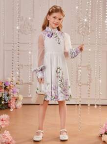 SHEIN Tween Girl Sukienka z kwiatowym nadrukiem, kontrastową siateczką i latarniowymi rękawami