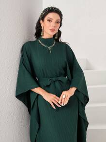 Al Najma Mock Neck Batwing Sleeve Belted Kaftan, Modest - Army Green - View 6