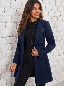 EMERY ROSE Solid Belted Overcoat - Navy Blue - View 3