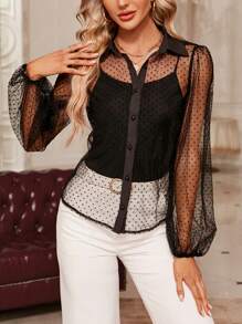 SHEIN Clasi 1入組波點網紗燈籠袖上衣 - 黑色 - 查看 4