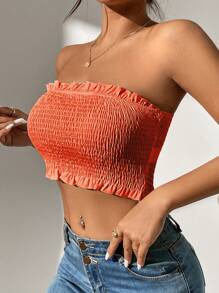 SHEIN PETITE Frill Trim Tube Top - Orange - View 3