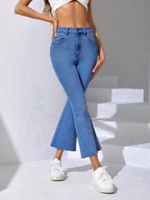 Chất rắn Raw Hem Quần ống loe - Rửa nhẹ - Xem 5