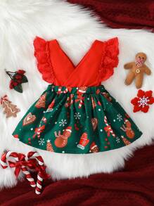 SHEIN Baby Girls Christmas Print Ruffle Trim Dress - Multicolor - View 1