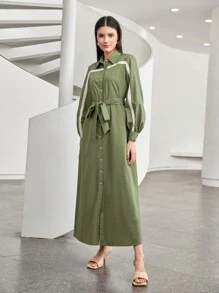 Seusyu Contrast Panel Belted Shirt Dress - Army Green - View 1