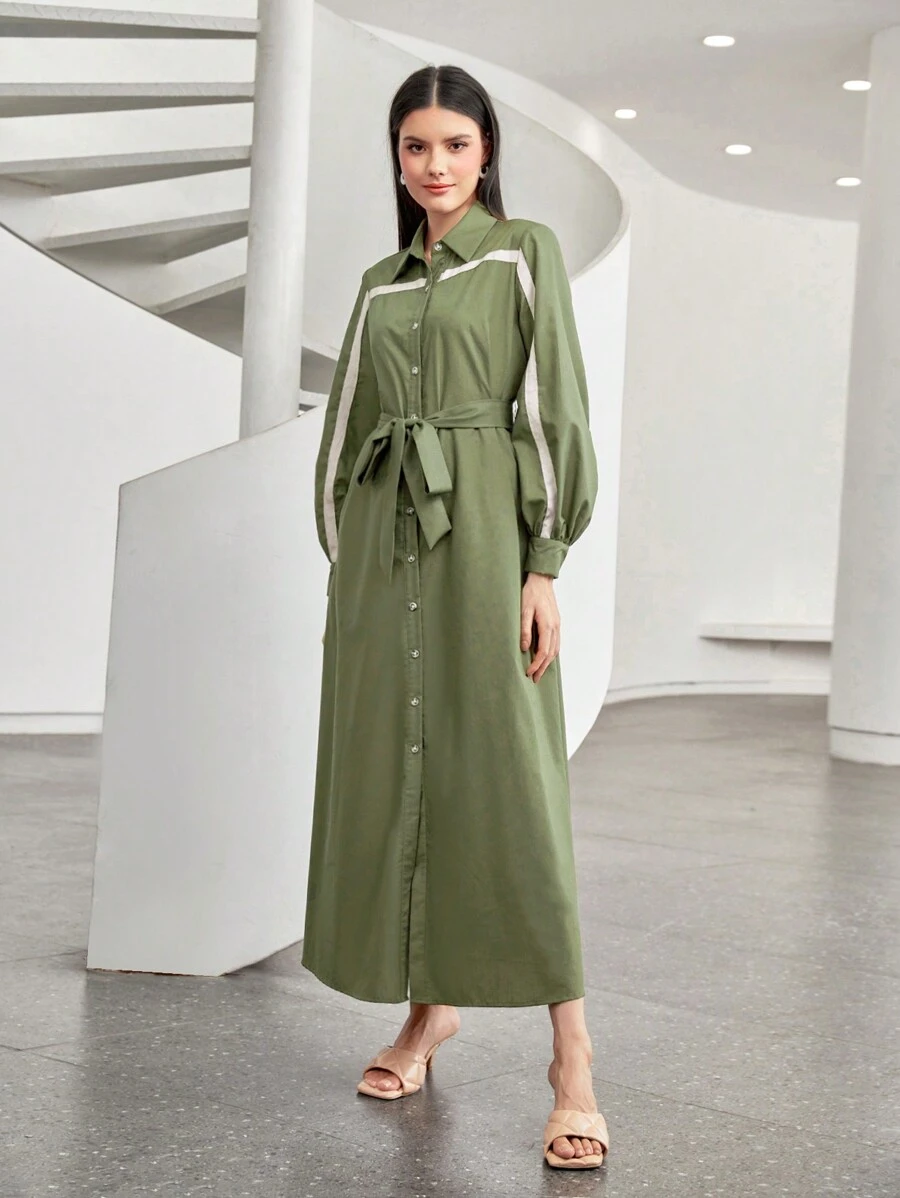 Seusyu Contrast Panel Belted Shirt Dress - Army Green - View 1