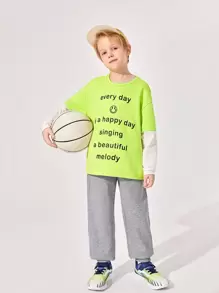 SHEIN Cậu bé Tween Đồ họa Khẩu hiệu Tee 2 trong1 & Quần nỉ - màu xanh lá - Xem 5