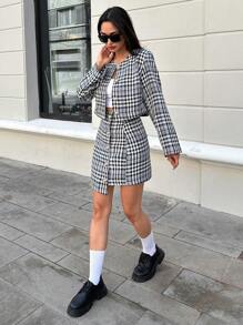 EURMUSE Plaid Print Open Front Jacket & Skirt - Black and White - View 5