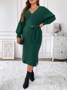 SHEIN Clasi Plus Surplice Neck Split Hem Belted Sweater Dress - Dark Green - View 4
