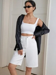 SHEIN Essnce Shorts bermuda unicolor con bolsillo oblicuo - Blanco - Ver 3