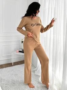 RueChic Letter Graphic Drop Shoulder Lounge Set - Brown - View 4