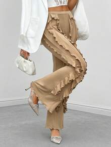 SHEIN Privé 荷葉邊喇叭褲 - 棕色 - 查看 3