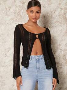 SHEIN BAE Nút phía trước Viền chia cắt Đan Mở Áo len Mở - màu đen - Xem 4