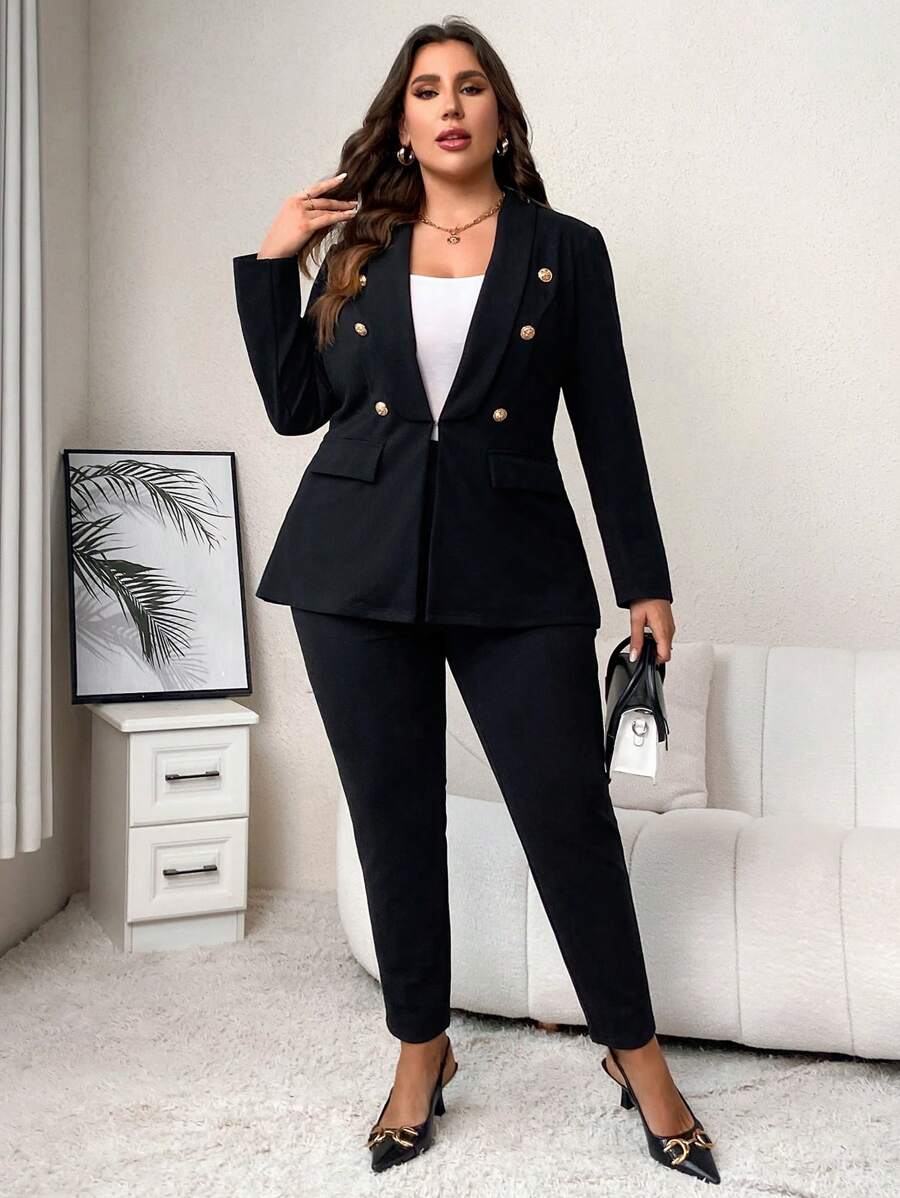 SHEIN Clasi Plus Button Detail Blazer & Pants In Fall/Winter - Black - View 1
