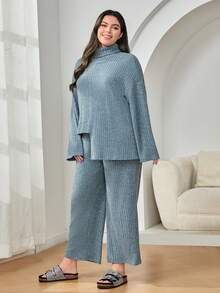 Mulvari Plus Turtleneck Drop Shoulder Split Hem Tee & Pants - Blue - View 6