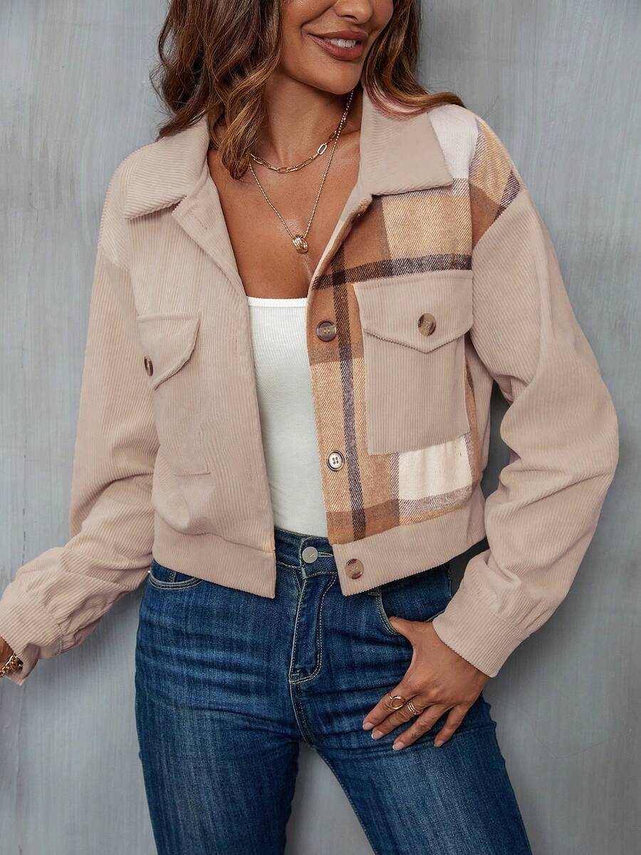 SHEIN LUNE Plaid Print Drop Shoulder Flap Pocket Jacket - Khaki - View 1