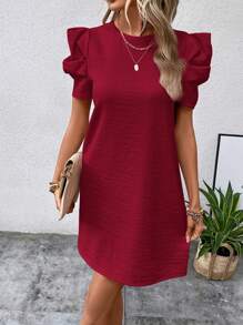 SHEIN Clasi Solid Puff Sleeve Dress - Burgundy - View 6