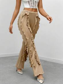 SHEIN Privé 荷葉邊喇叭褲 - 棕色 - 查看 5