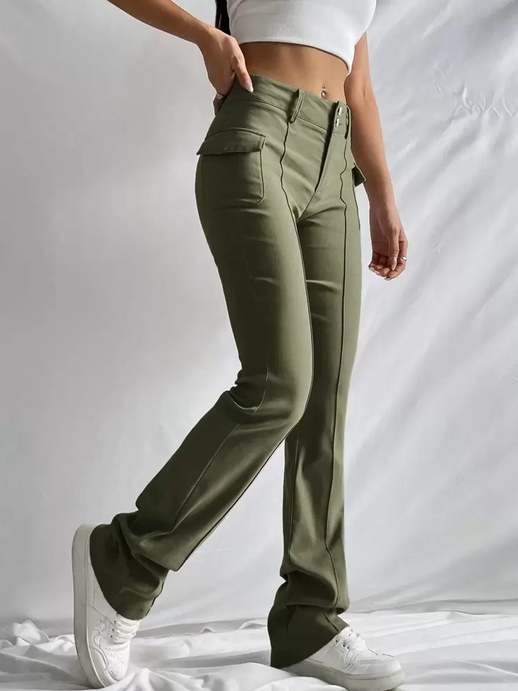SHEIN EZwear Flap Pocket Side Boot-cut Leg Pants | SHEIN USA
