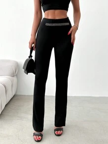 EURMUSE Women's Fashion Versatile Commuter Pants With Pearl Decoration - Black - View 1