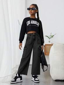 SHEIN Explorewe Para niñas preadolescentes, jeans rectos estilo streetwear Y2K con lavado claro, cintura elástica y bolsillos planos tipo cargo - Negro - Ver 4