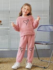 SHEIN Young Girl Heart Embroidery Drop Shoulder Teddy Sweatshirt & Pants - Dusty Pink - View 6