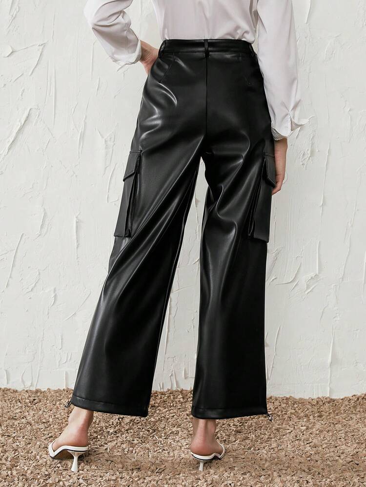 Flap Pocket Side PU Leather Wide Leg Pants Fall Cloth For Women