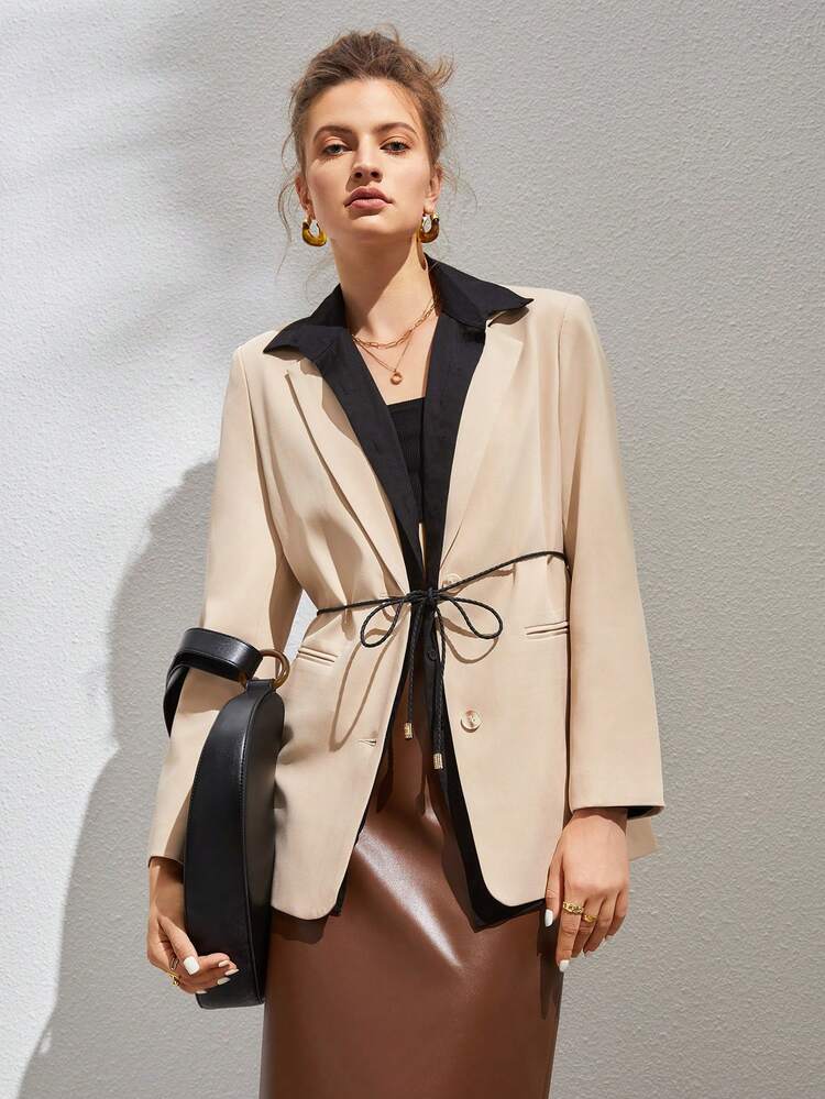 Contrast Collar Belted Blazer