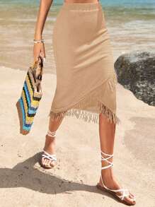 SHEIN VCAY 流蘇邊圍裹下擺半身裙 - 卡其色 - 查看 3