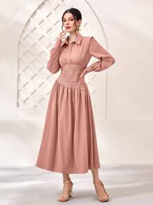 Modelyn Solid Ruched Waist Shirt Dress - Pink - View 3