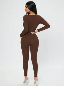 SHEIN PETITE Sweetheart Neck Unitard Jumpsuit - Brown - View 2