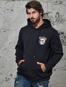 Manfinity EMRG 男士大码骷髏&標語圖案袋鼠口袋抽繩連帽衫 - 黑色 - 查看 2