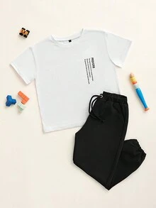 RueChic Tween Boy Slogan Graphic Tee & Drawstring Waist Pants - Black and White - View 5