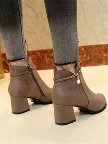 女士絨面側拉鍊鑲鑽裝飾時髦短靴,冬季新款復古高跟踝靴 - 咖啡棕 - 查看 2