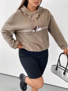 Flirla Plus Letter Graphic Drop Shoulder Hooded Fleece Sweatshirt - Apricot - View 4