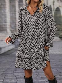 EMERY ROSE Allover Print Flare Sleeve Tie Front Ruffle Hem Smock Dress