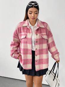 Flirla Plus Plaid Print Drop Shoulder Overcoat - Pink - View 5