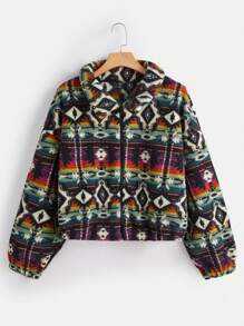 SHEIN CURVE+ 大碼幾何印花落肩袖夾克 - 彩色 - 查看 1