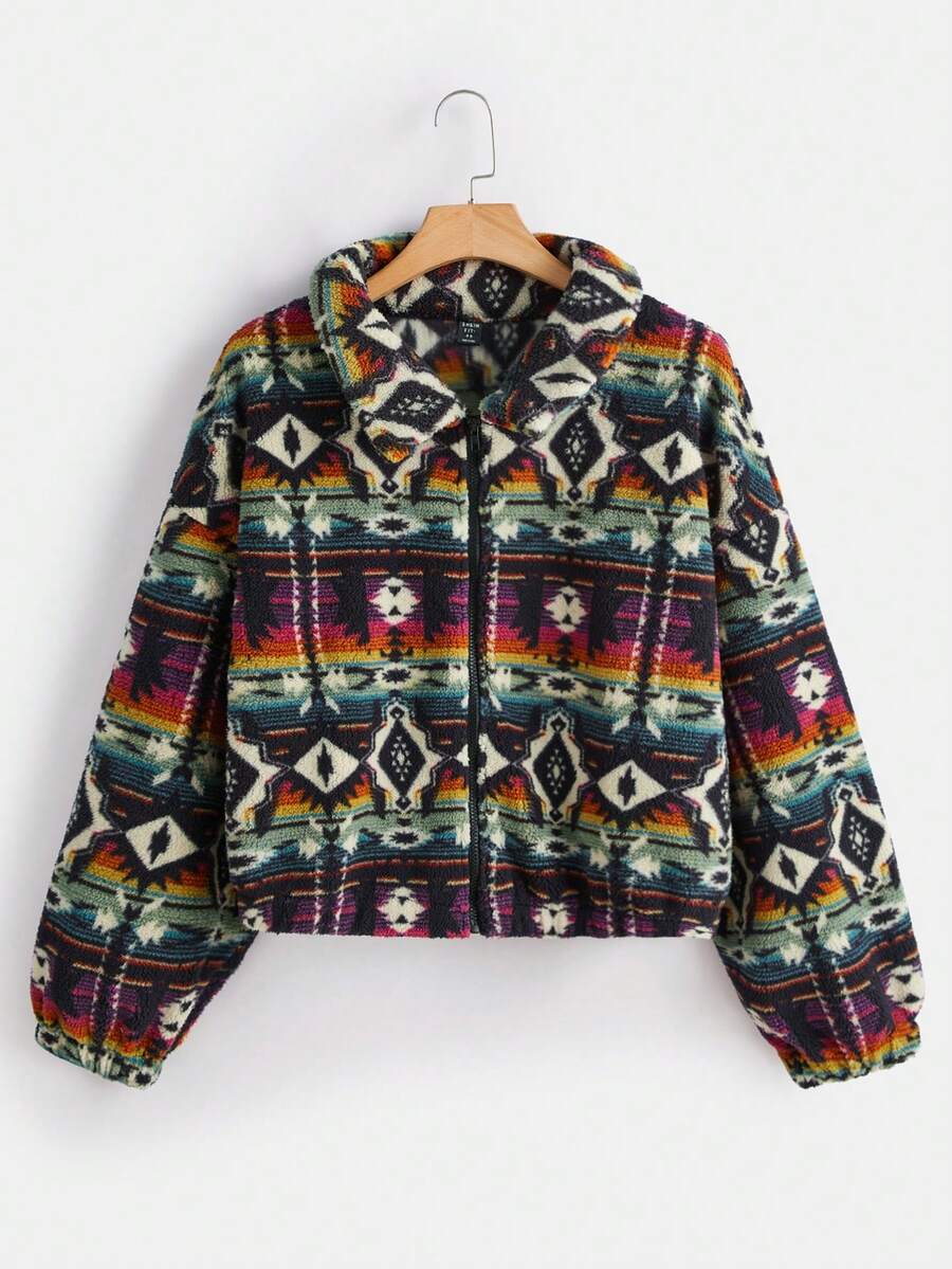 SHEIN CURVE+ 大碼幾何印花落肩袖夾克 - 彩色 - 查看 1